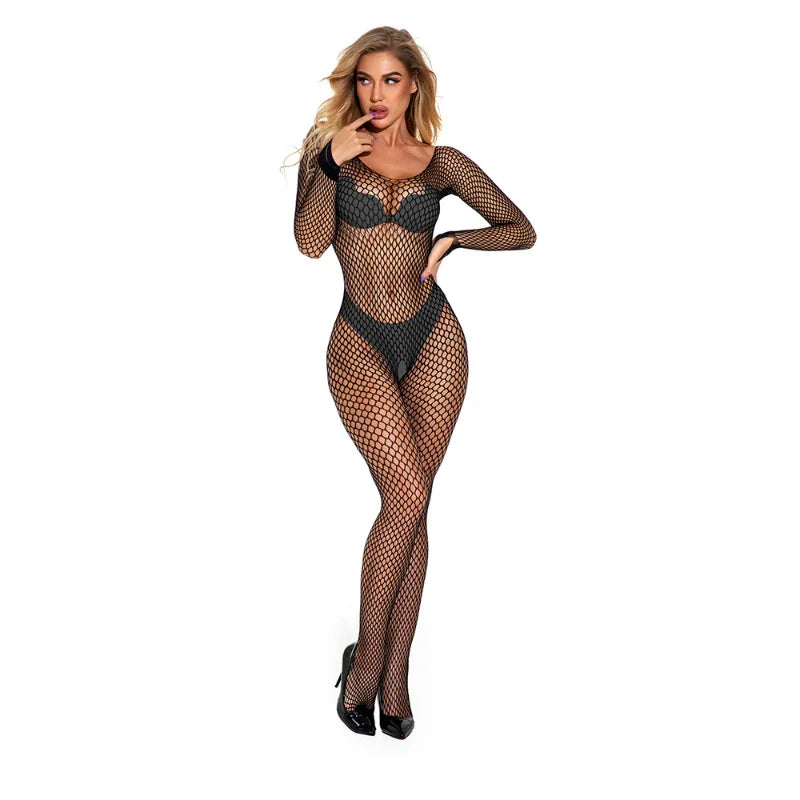 Sexy See-Through Fishnet Stockings – Open-Crotch Mesh Tights & Lingerie Bodysuit