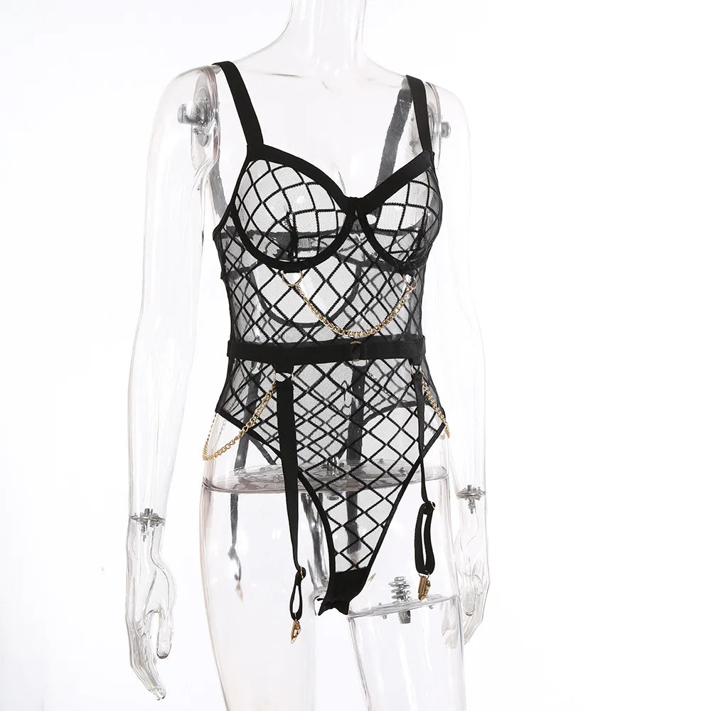 Ellolace Plaid Lingerie with Chain – Sissy Crotchless Transparent Lace Bodysuit