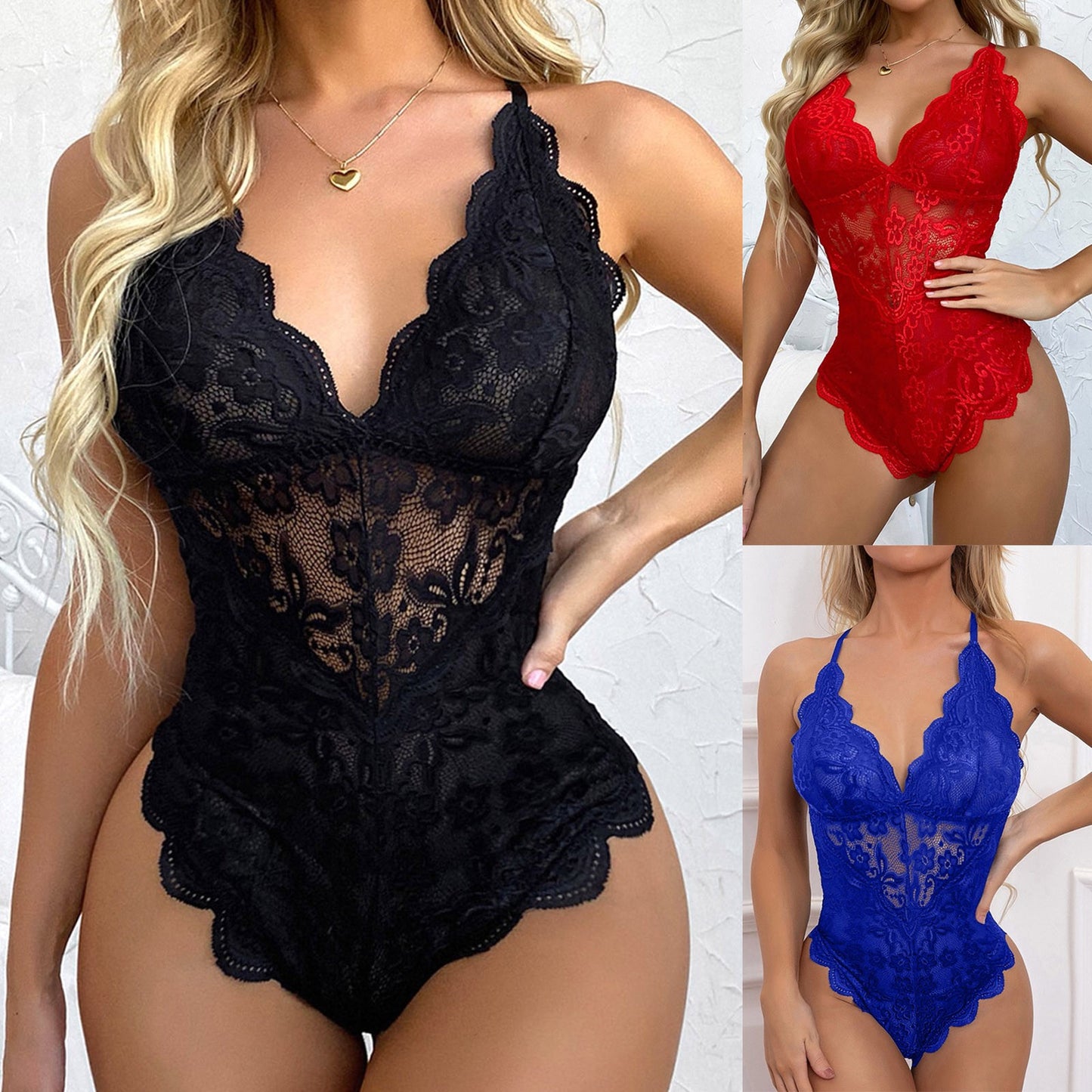 Plus Size Sexy One-Piece Lace Embroidery Lingerie – Transparent Mesh Exotic Bodysuit for Women