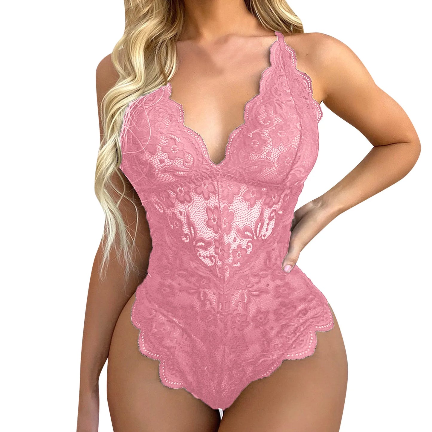 Plus Size Sexy One-Piece Lace Embroidery Lingerie – Transparent Mesh Exotic Bodysuit for Women