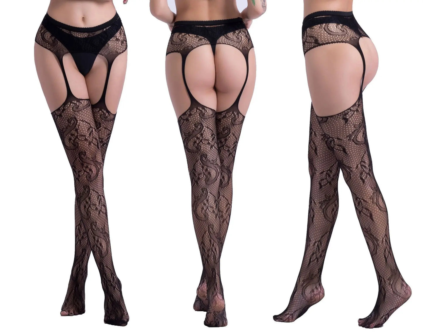 Hot Sexy Fishnet Pantyhose – Crotchless Mesh Suspenders Stockings for Women