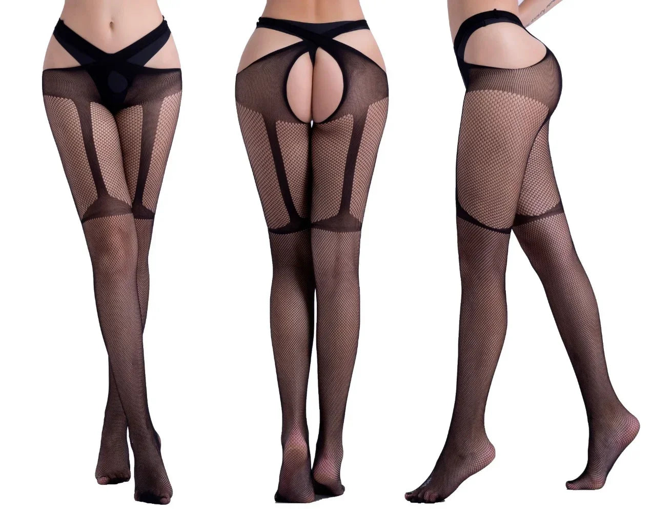 Hot Sexy Fishnet Pantyhose – Crotchless Mesh Suspenders Stockings for Women