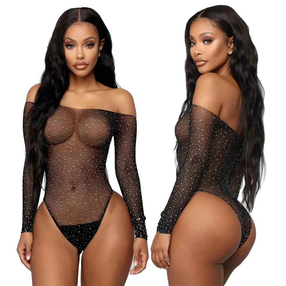 Erotic Rhinestone Bodystocking – Sparkling, See-Through Fishnet Lingerie for Women