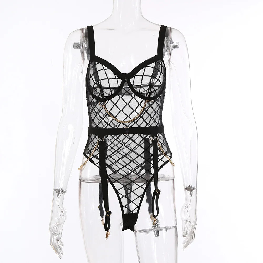 Ellolace Plaid Lingerie with Chain – Sissy Crotchless Transparent Lace Bodysuit